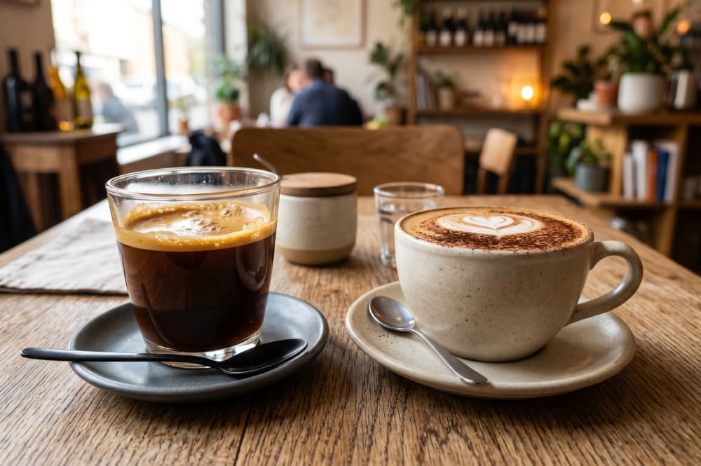A close-up of an americano in a glass and a cappuccino with heart-shaped latte art on a wooden cafe table.