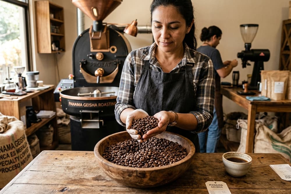 Female roaster holding a handful of freshly roasted Panama Geisha coffee beans over a wooden bowl.